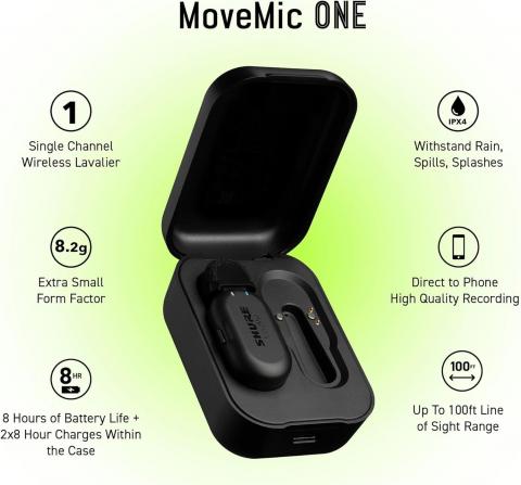 Shure MoveMic One - Pro Direct to Phone Wireless Lavalier Microphone for iPhone & Android, Bluetooth Mini Mic, 24 Hours Charge, Quick Set Up, IPX4, Compact & Portable Clip Lav (MV-ONE-Z7)